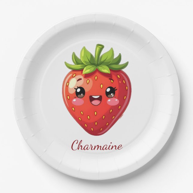 Monogram cute strawberry kawaii paper plate (Front)