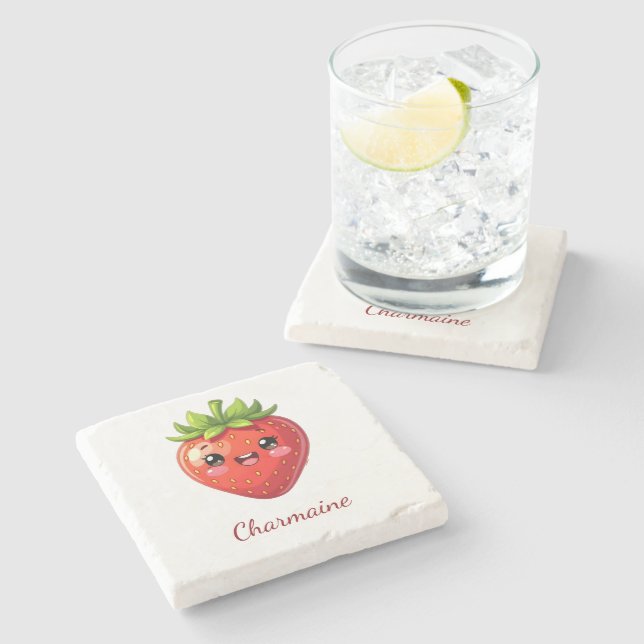 Monogram cute strawberry kawaii stone coaster (Side)