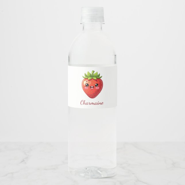 Monogram cute strawberry kawaii water bottle label (Front)