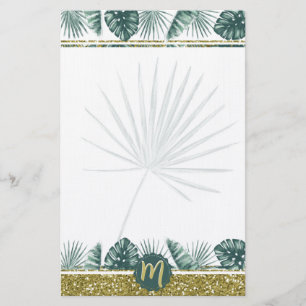 Monogram cute watercolor tropical leaves 02 stationery