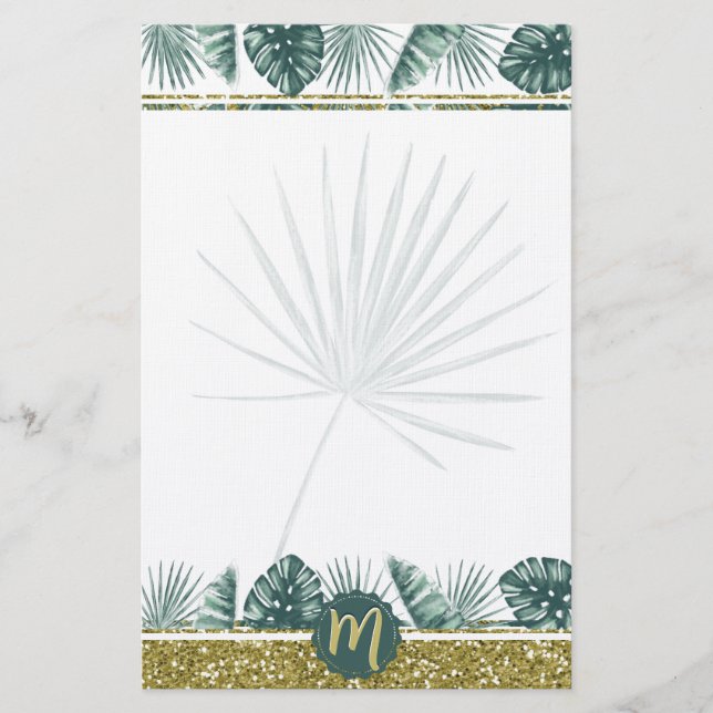 Monogram cute watercolor tropical leaves 02 stationery (Front)