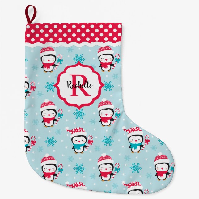 Monogram Cute Winter Penguin Large Christmas Stocking (Front)