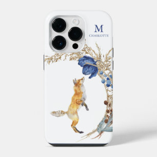 Monogram Cute Woodland Fox Watercolor Floral Name iPhone 14 Pro Case