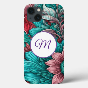 Monogram, Cyan Blue, Red, whimsical  flowers  iPhone 13 Case