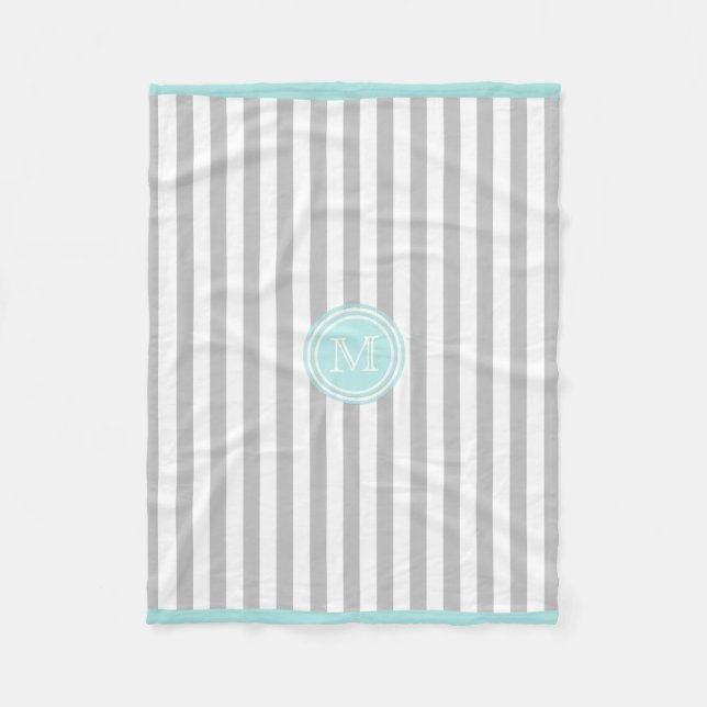 Monogram Cyan Grey & White Striped Fleece Blanket (Front)