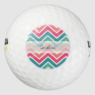 Monogram Cyan Peach Reds Geometric Chevron Pattern Golf Balls