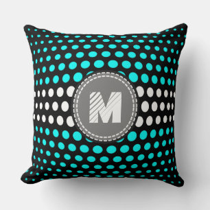 Monogram Cyan & White Polka Dots Pattern Cushion