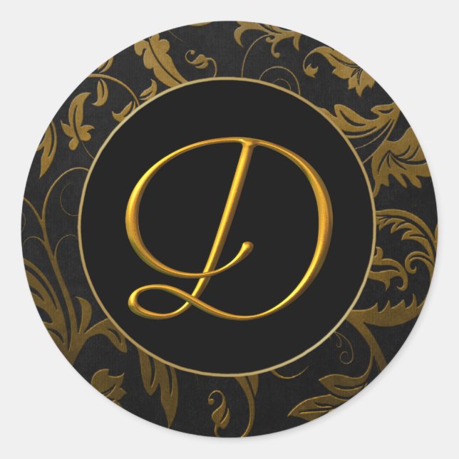 Monogram D Gold and Black Damask Wedding Seal (Front)