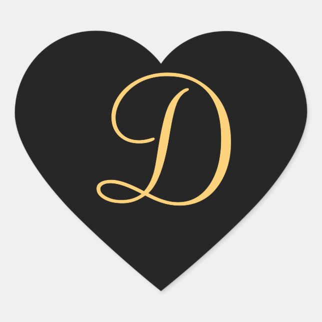 Monogram D,  gold coloured initial D script Heart Sticker (Front)