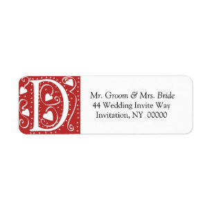 Monogram D Hearts Red White Wedding Colours Return Address Label