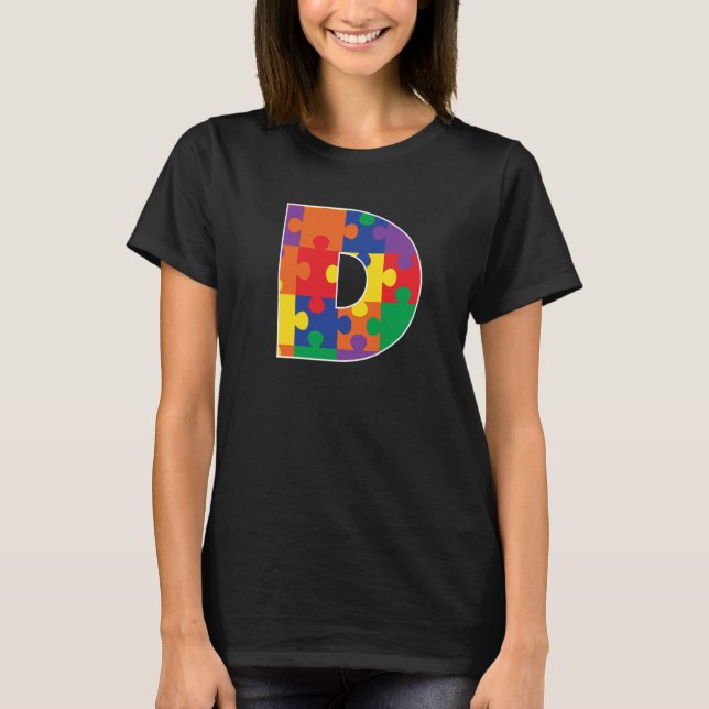 Monogram D in Multi Colour Puzzle Pieces T-Shirt (Front)
