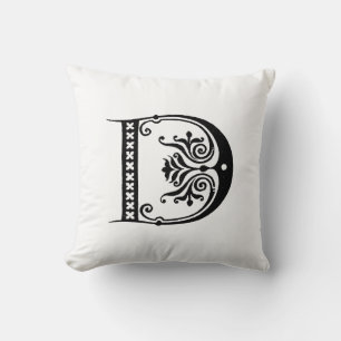 Monogram D Initial Black and White Floral Pattern Cushion