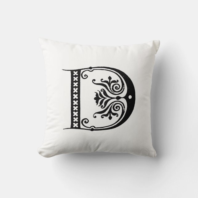 Monogram D Initial Black and White Floral Pattern Cushion (Front)