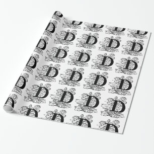 Monogram D Initial Black and White Floral Pattern Wrapping Paper
