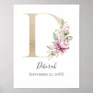 Monogram D Pink White Floral Gold Letter Nursery   Poster