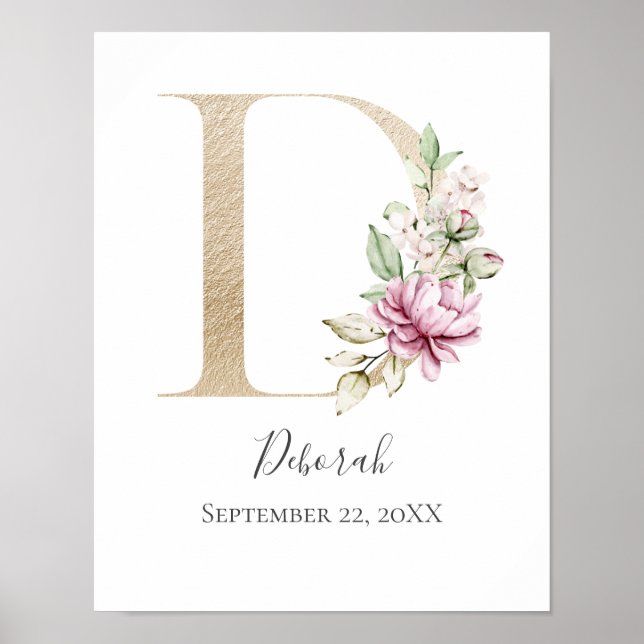 Monogram D Pink White Floral Gold Letter Nursery   Poster (Front)