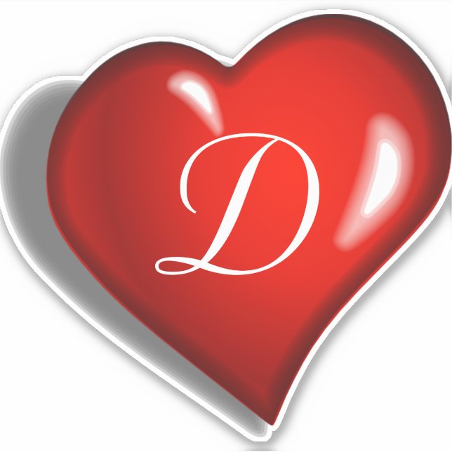 Monogram D, white print on ruby red heart (Front)