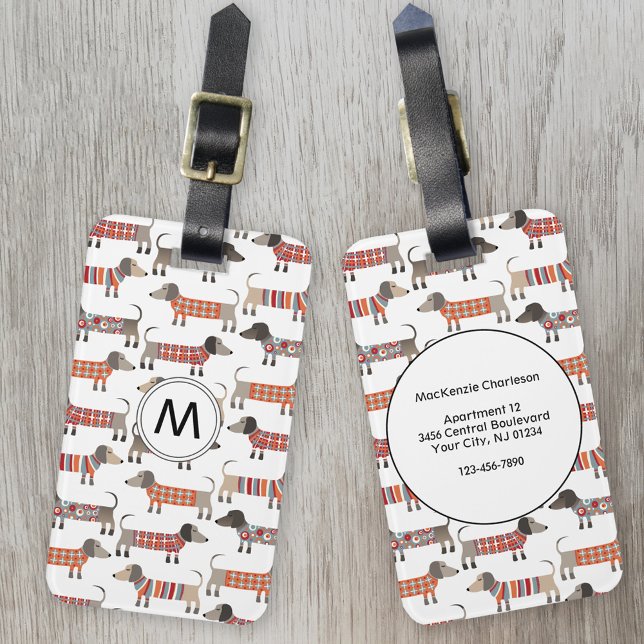 Monogram Dachshund Dog Pattern Luggage Tag (Creator Uploaded)