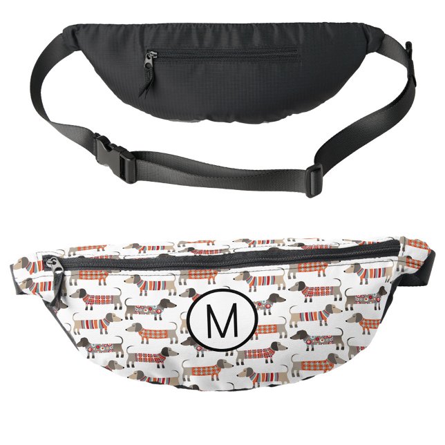 Monogram Dachshund Wiener Sausage Dog Personalised Bum Bags (Fun Dachshund Wiener Sausage Dog pattern personalized monogram initial fanny pack)