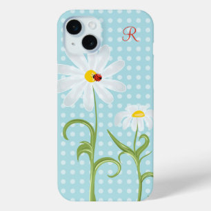 Monogram Daisies and Lady Bug Polka Dot Blue iPhone 15 Mini Case