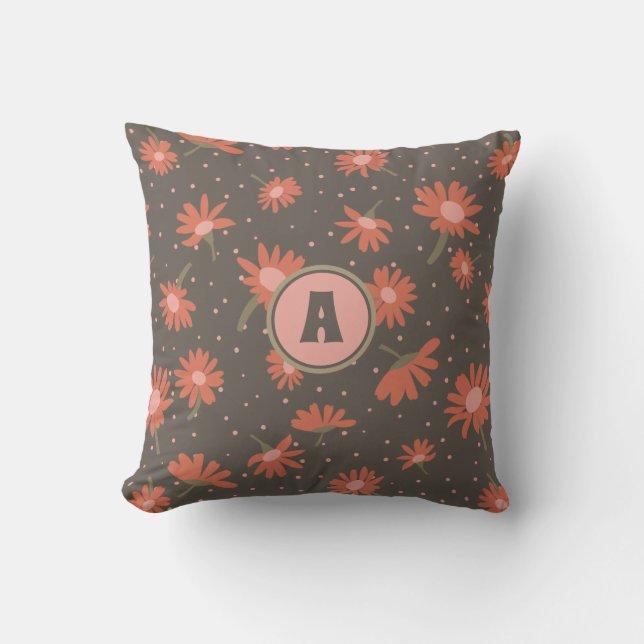 Monogram Daisies Coral Pink Brown Flower Pattern Cushion (Front)