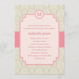 Monogram Damask Baptism/Christening Invite - Pink