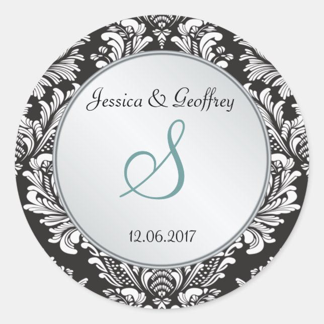 Monogram Damask black white Wedding Sticker (Front)