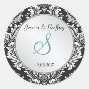 Monogram Damask black white Wedding Sticker