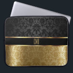 Monogram Damask Black with Gold Floral Laptop Sleeve<br><div class="desc">Damask Black with Gold Accents pattern design with monogram letters. Electronic Laptop Sleeves. ⭐This Product is 100% Customisable. Graphics and /or text can be added, deleted, moved, resized, changed around, rotated, etc... 99% of my designs in my store are done in layers. This makes it easy for you to resize...</div>