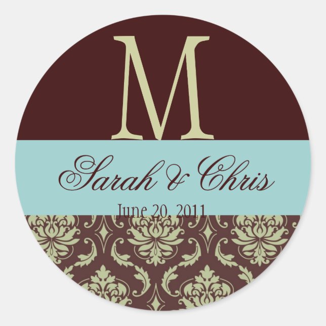 Monogram Damask Brown Blue Wedding Seal (Front)