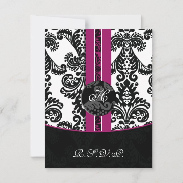 monogram damask fuchsia rsvp cards (Front)
