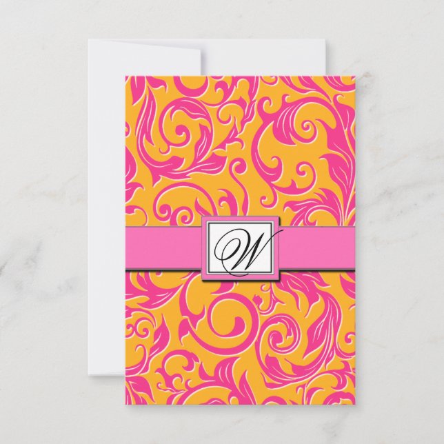 Monogram Damask Orange & Pink Wedding RSVP Cards (Front)