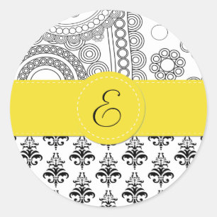 Monogram - Damask, Ornaments, Swirls - Black White Classic Round Sticker