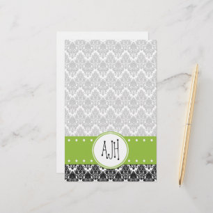Monogram - Damask, Ornaments, Swirls - Black White Stationery