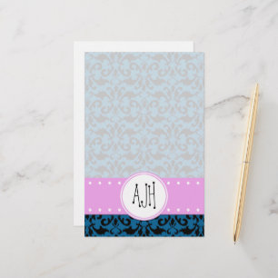 Monogram - Damask, Ornaments, Swirls - Blue Black Stationery