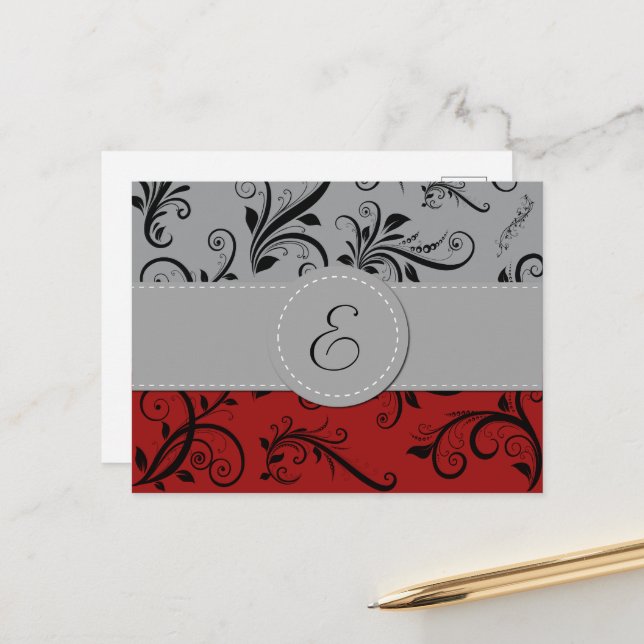 Monogram - Damask, Ornaments, Swirls - Red Black Postcard (Front/Back In Situ)