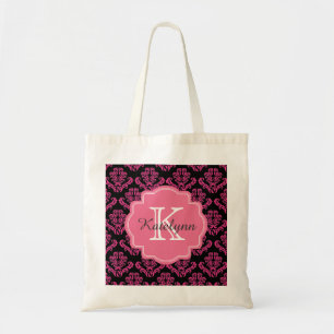 Monogram Damask Pattern with Pink Custom Tote Bag