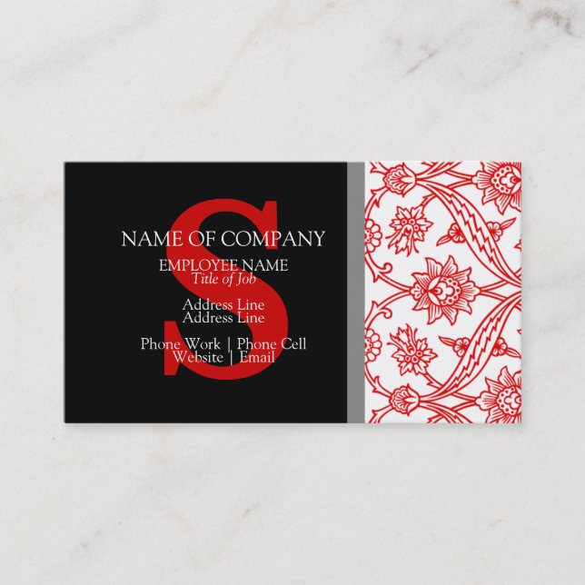 Monogram Damask Red Black Grey Grey Stylish Modern Business Card (Front)