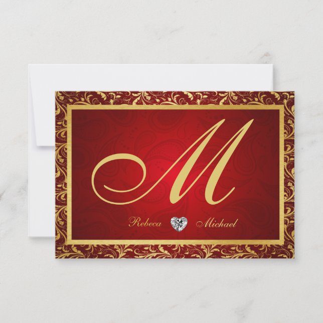 Monogram Damask Red / Gold RSVP Cards (Front)
