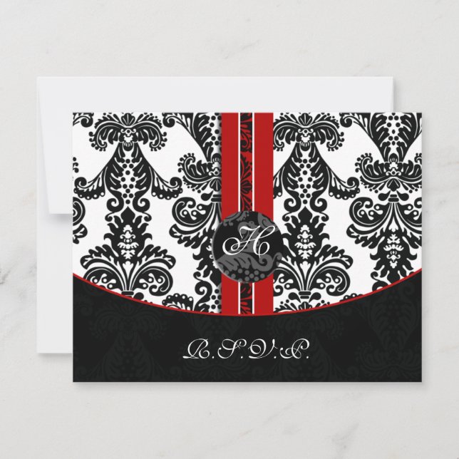monogram damask red rsvp cards (Front)