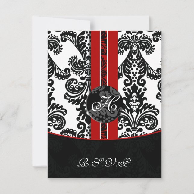 monogram damask red rsvp cards (Front)