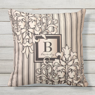 Monogram Damask Stripes Girly Neutral Monochrome Outdoor Cushion