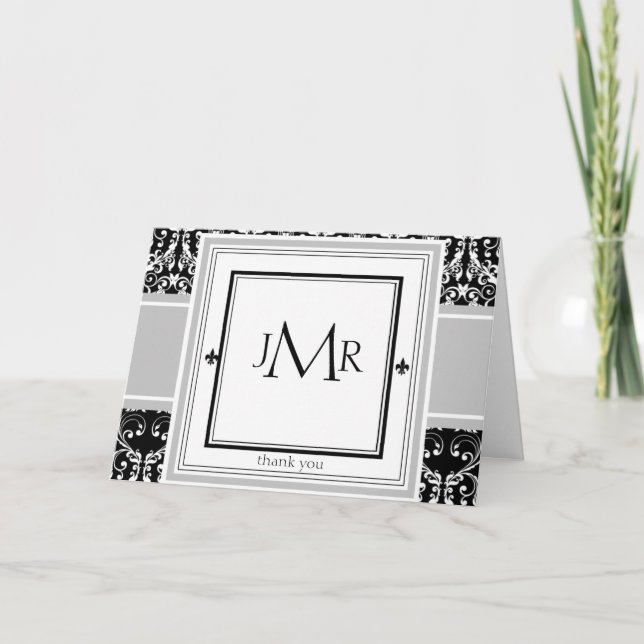 Monogram Damask Thank You Card (Front)