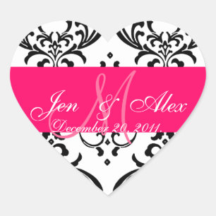 Monogram Damask Wedding Favour Sticker Heart Shape