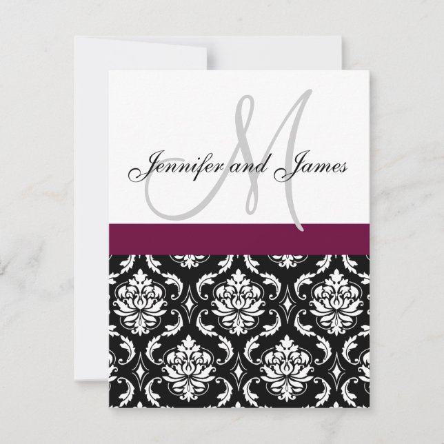 Monogram Damask Wedding Invitation Wine Red (Front)