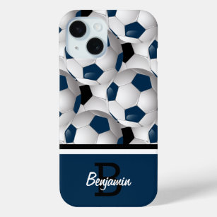Monogram Dark Blue Black Soccer Ball Pattern iPhone 15 Case