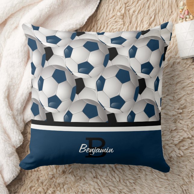 Monogram Dark Blue Black Soccer Ball Pattern Cushion (Blanket)