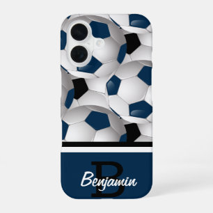Monogram Dark Blue Black Soccer Ball Pattern iPhone 16 Case