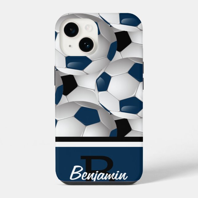 Monogram Dark Blue Black Soccer Ball Pattern iPhone Case (Back)