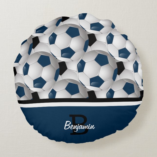 Monogram Dark Blue Black Soccer Ball Pattern Round Cushion (Back)